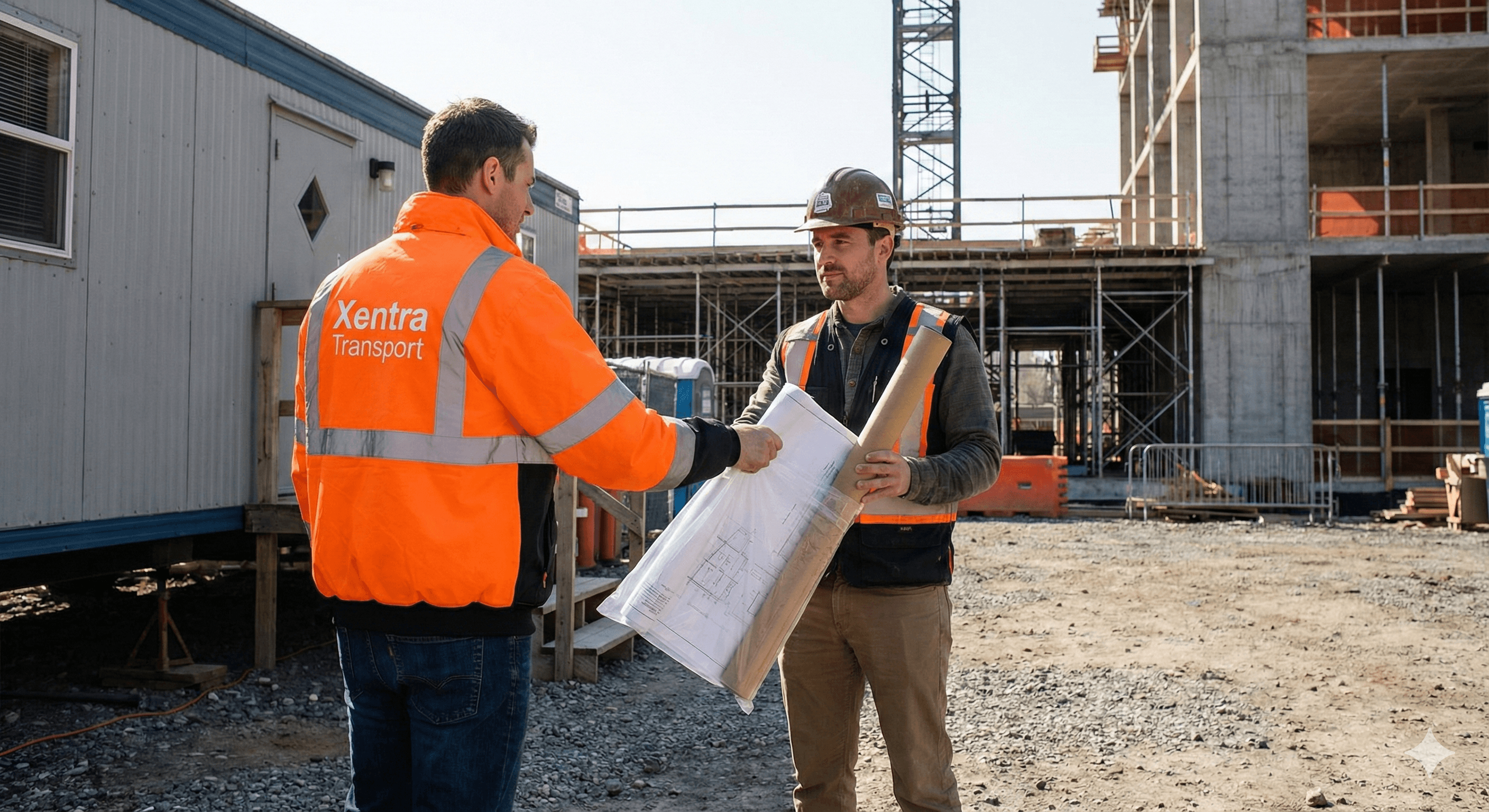 hands over rolled blueprints in a protective sleeve and a blueprint tube to a site manager.