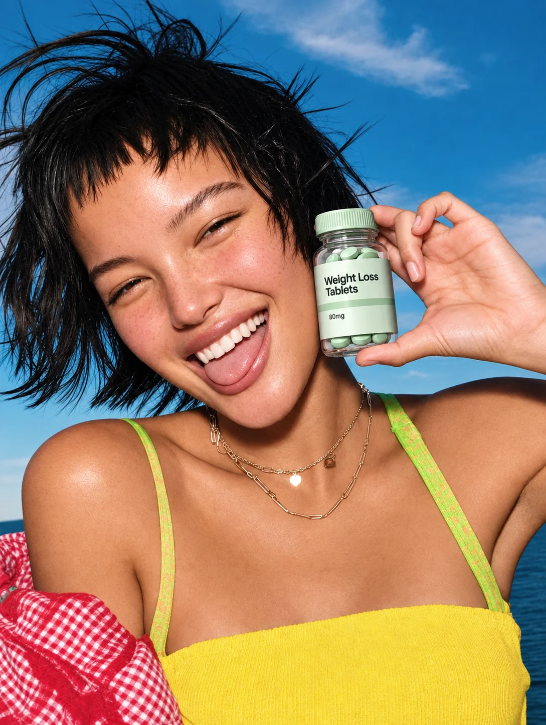 A lady holding a product 