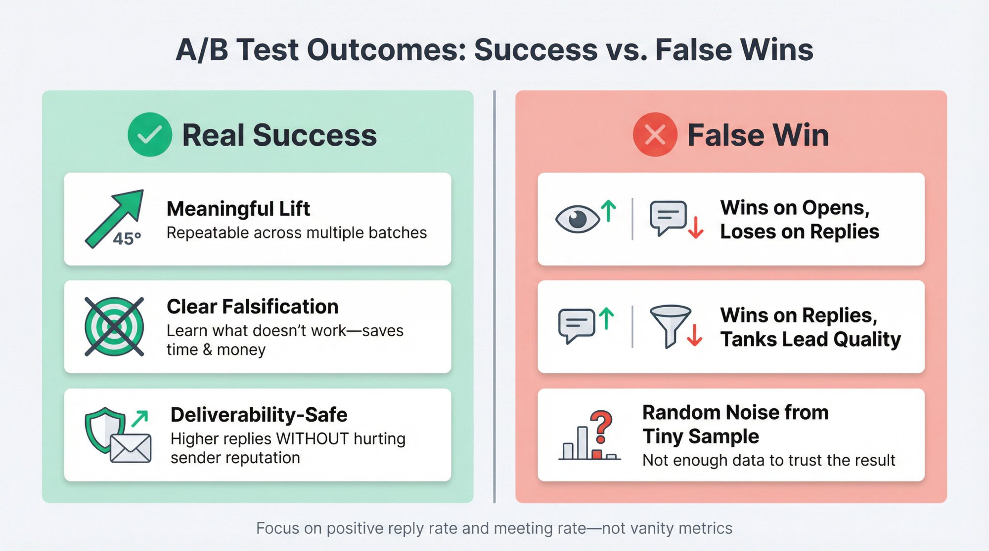 Visual comparison showing real A/B test success (repeatable lift, clear falsification, deliverability-safe) vs false wins (opens without replies, quality drops, tiny samples)
