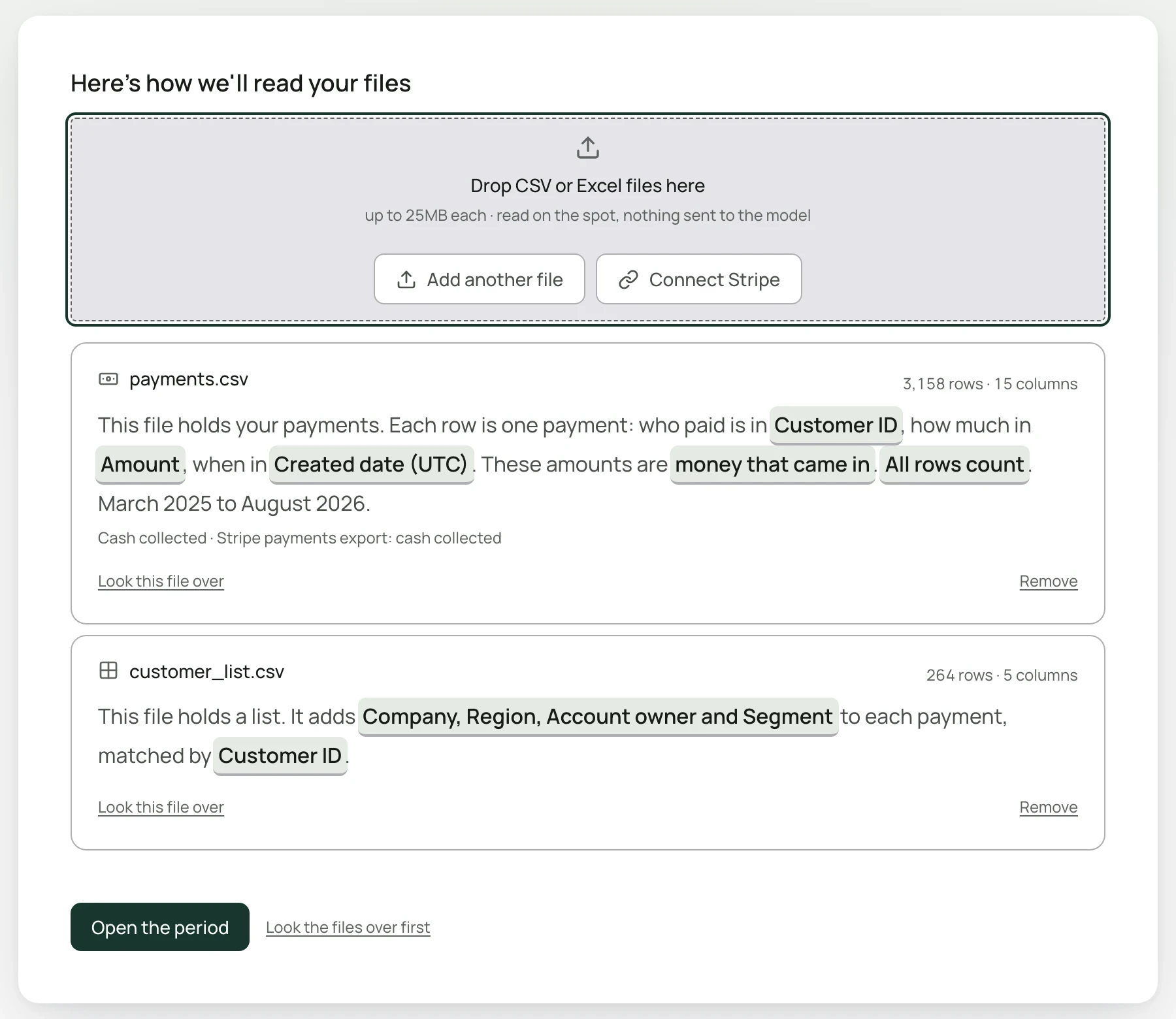 The proposal card for a payments file and a customer list