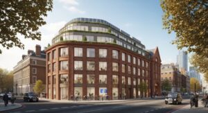 Red-brick office building with curved glass façade, rooftop greenery, and urban surroundings — illustrating mixed-use conversion potential and adaptive reuse in contemporary redevelopment.