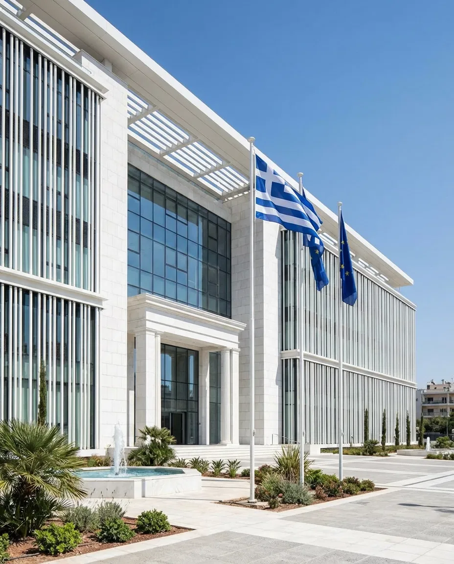 Greek tax office building exterior.
