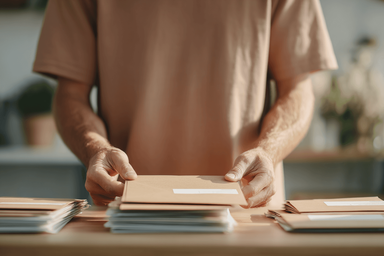 Person sortiert Briefkuverts auf einem Tisch – SilentAngels® Postservice für Versand und Organisation von Dokumenten.