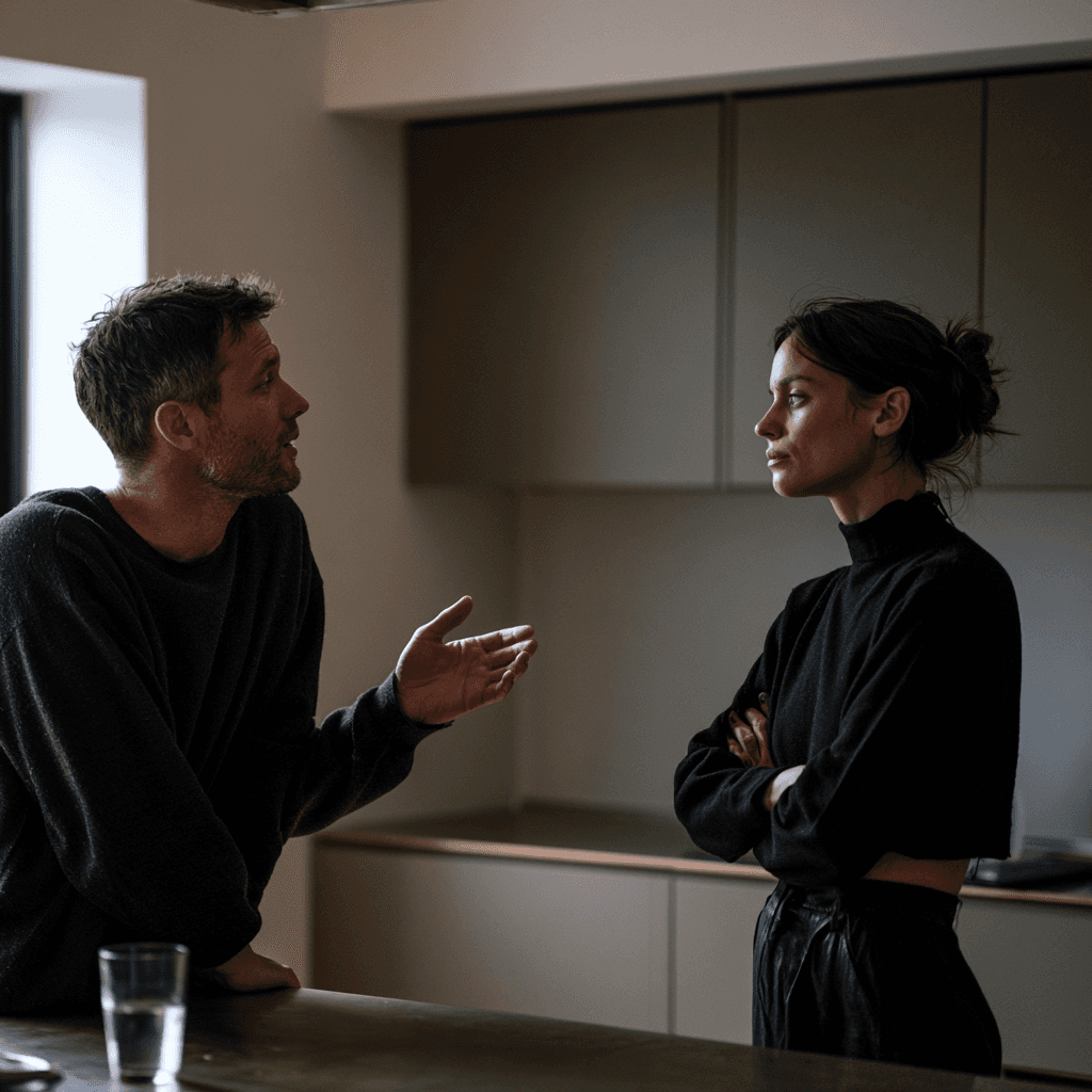 Man and woman talking across a kitchen counter, he pauses with his hand raised slightly