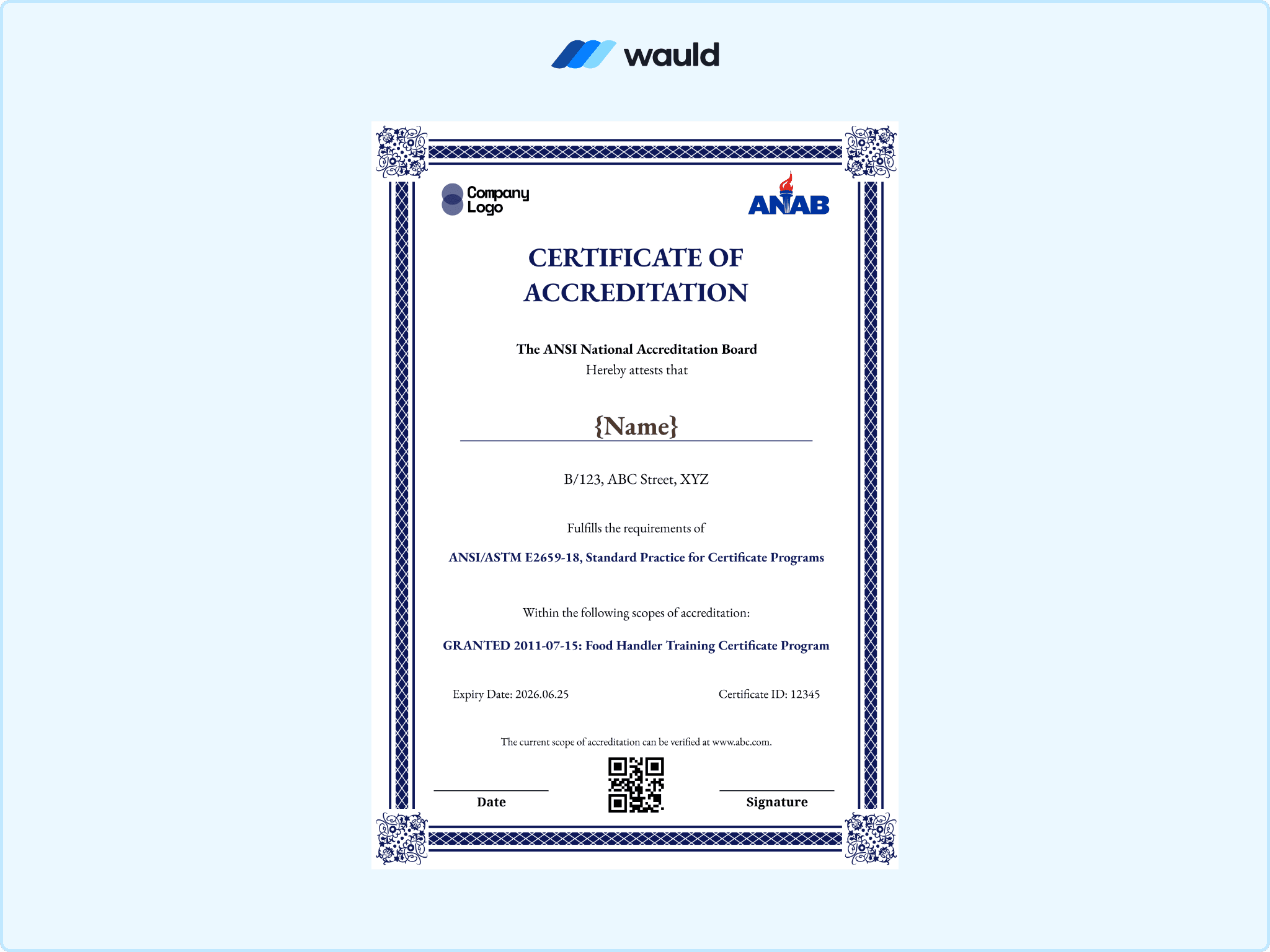 Ornate navy blue bordered certificate of accreditation template with recipient name field, accrediting board details, standard practice reference, granted accreditation scope, certificate ID, expiry date, and QR code