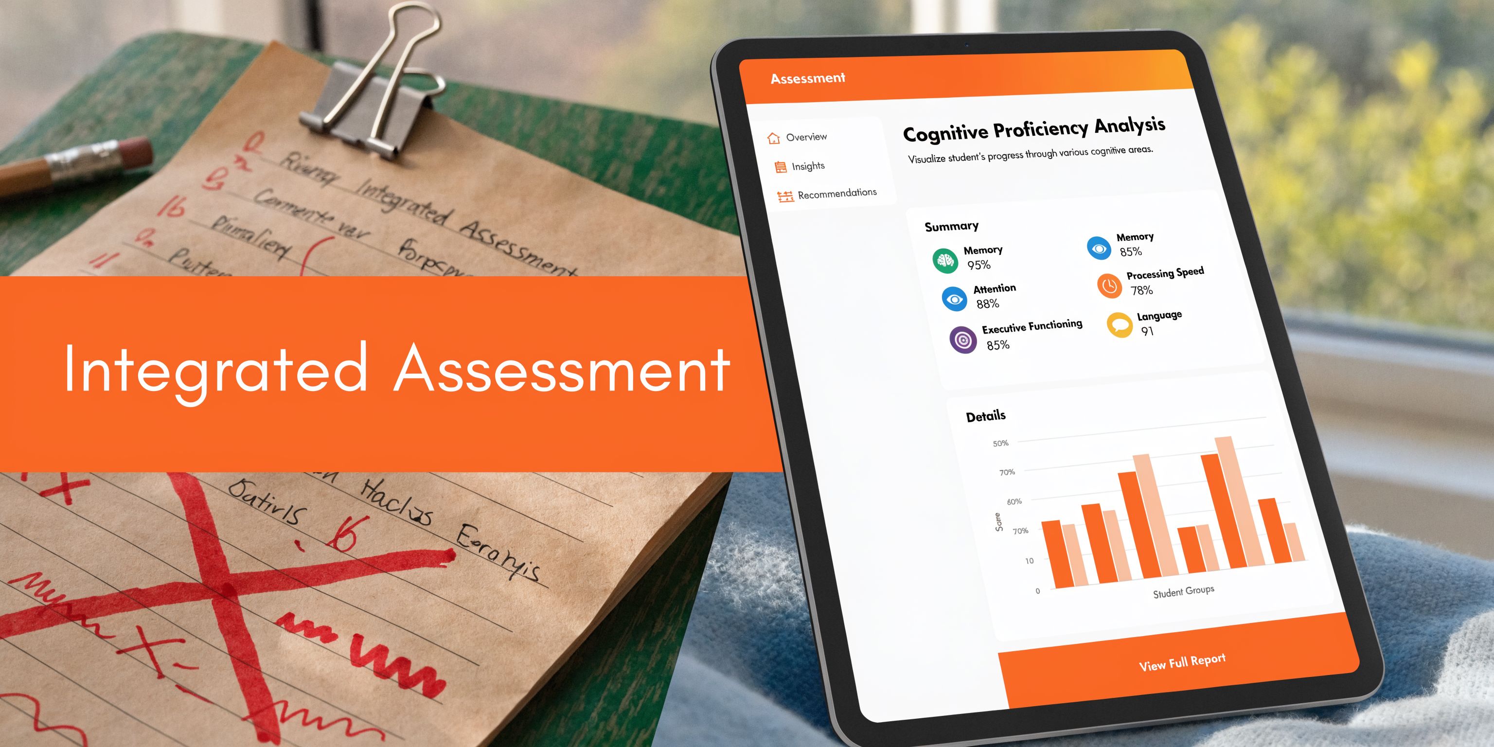 A digital tablet displaying a cognitive proficiency analysis report alongside a handwritten document with red markings.