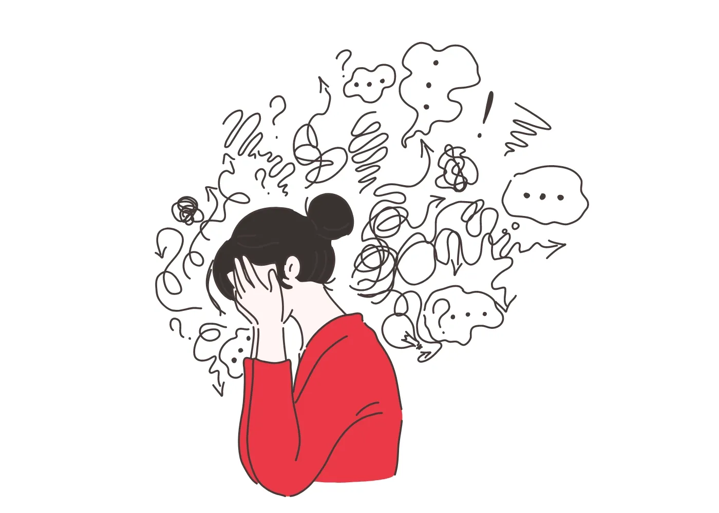 Illustration of a woman overwhelmed by chaotic thoughts and stress, with scribbles and speech bubbles around her head