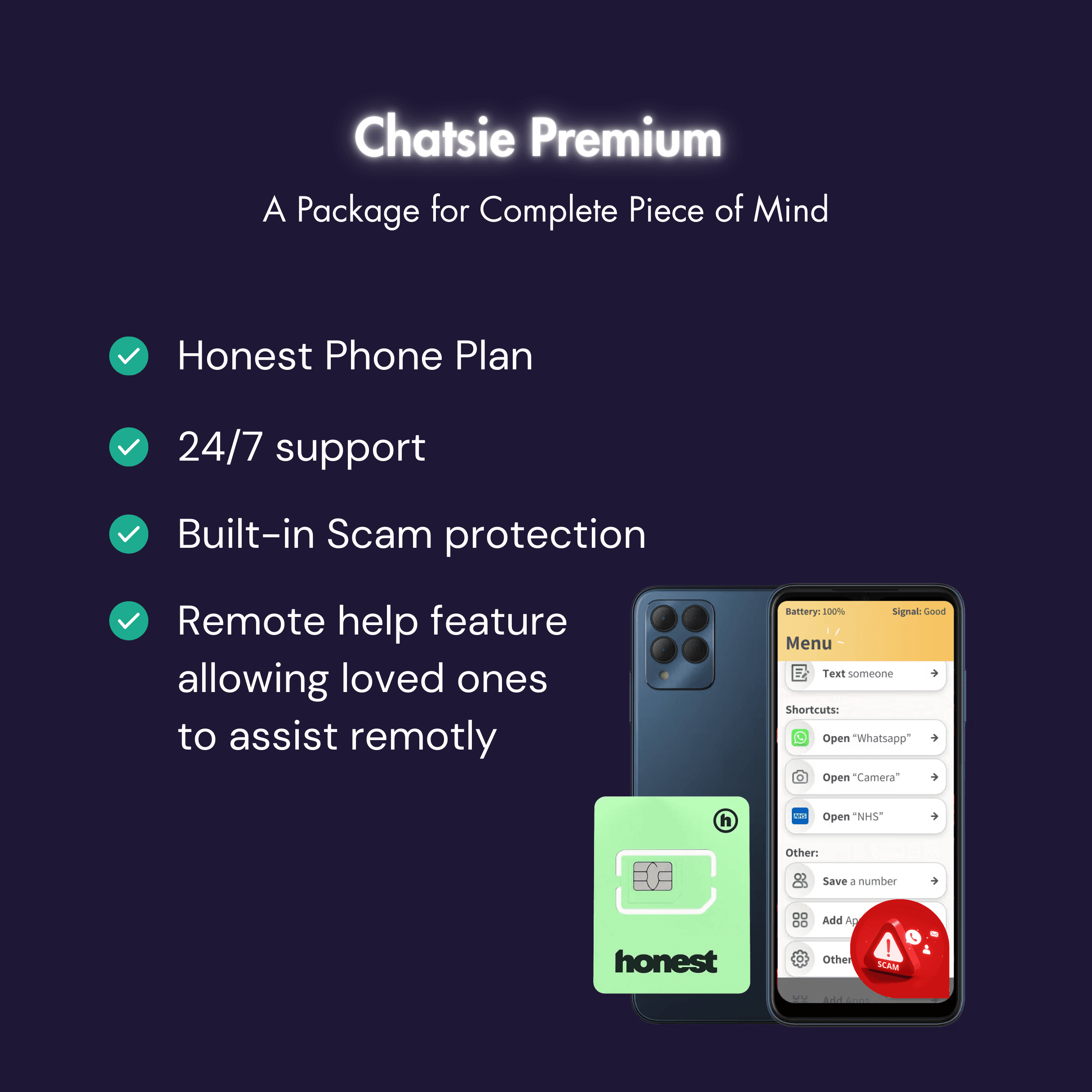 Phone with call interface and a green SIM card labeled 'honest' on a white background