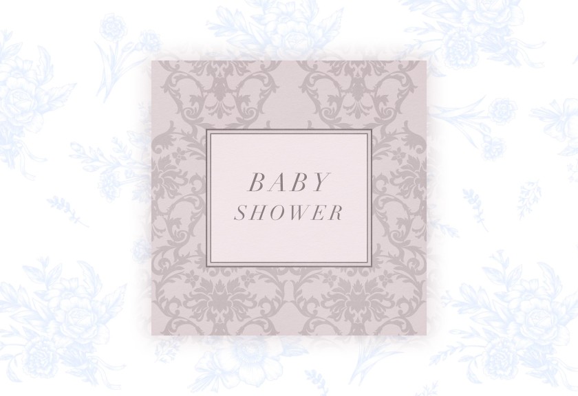 A soft, traditional baby shower template with delicate floral toile background and centered gray text.