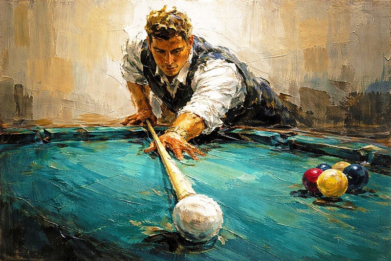 Painting of a man playing pool with a focus on the billiard balls and cue.
Some billard balls are on the board
