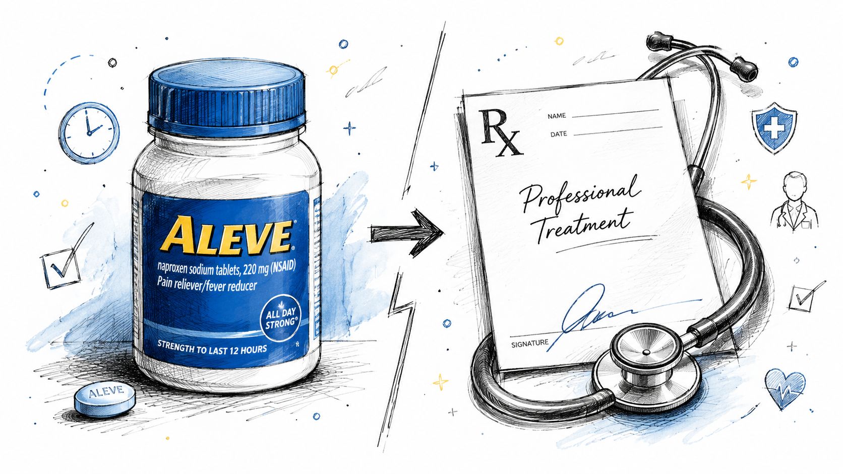 A hand-drawn illustration comparing an Aleve pain relief bottle with professional medical treatment and a stethoscope.