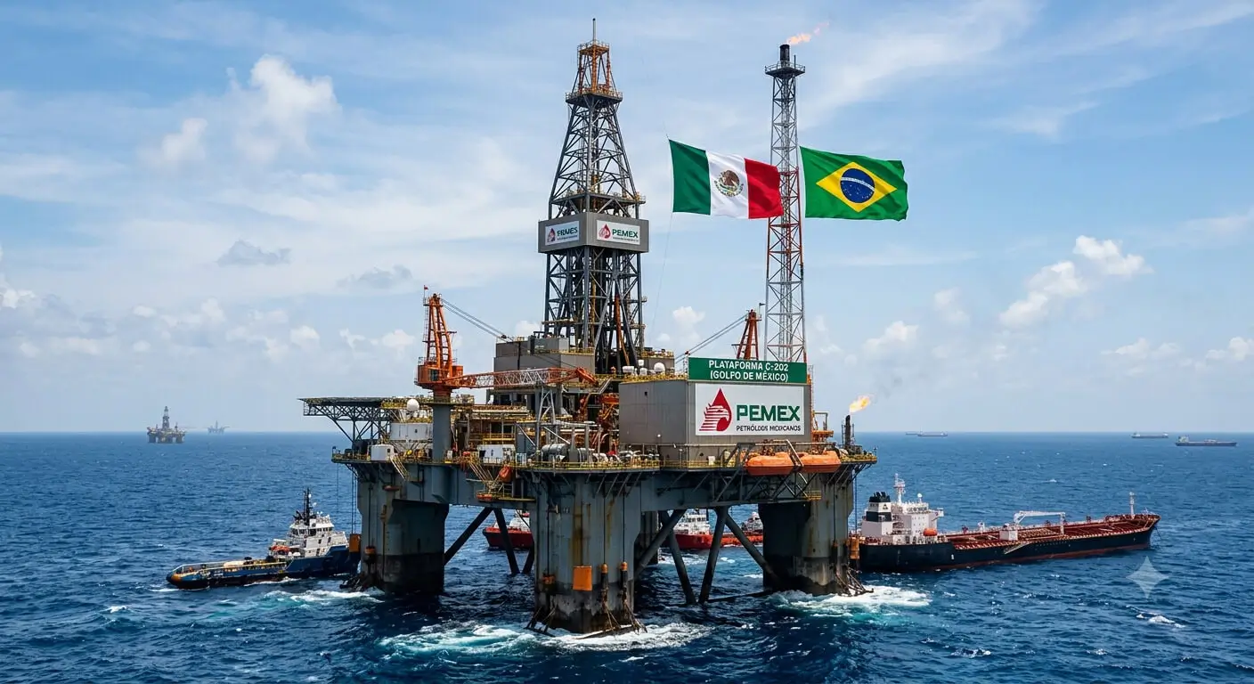 Offshore PEMEX oil platform in the Gulf of Mexico with Mexican and Brazilian flags and support vessels at sea.