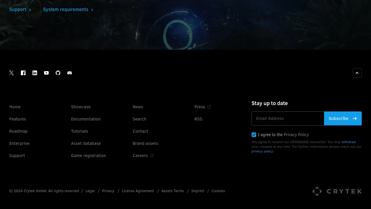 Screenshot of the CRYENGINE website showcasing high-fidelity 3D game engine features