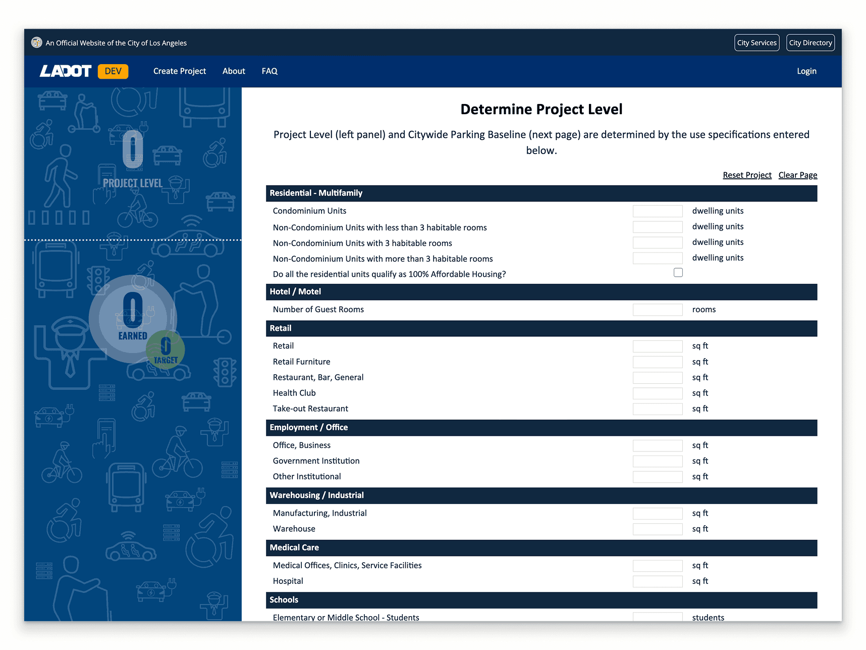 Above-the-fold screenshot of the second page of the Create Project form on the development site, showing input fields and a disabled Points Summary Sidebar.