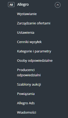 Zakładki modułu Allegro w panelu Base.com