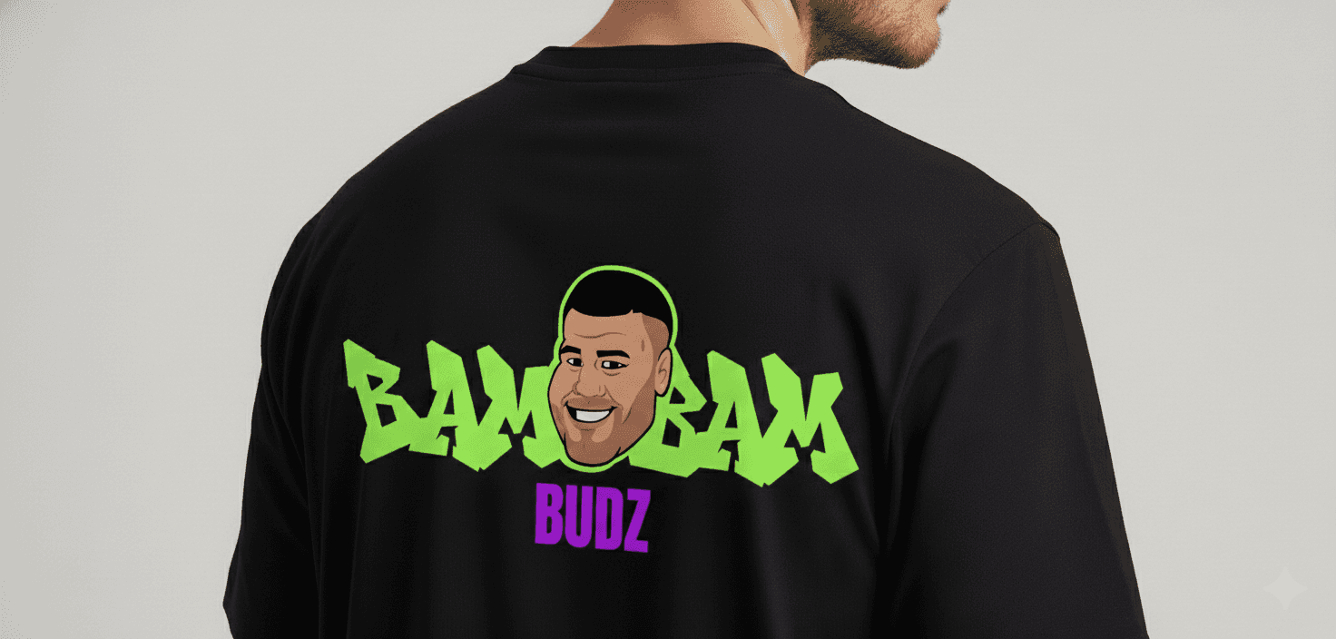 Black T-shirt with the BamBam Budz cartoon character and graffiti logo printed on the back.