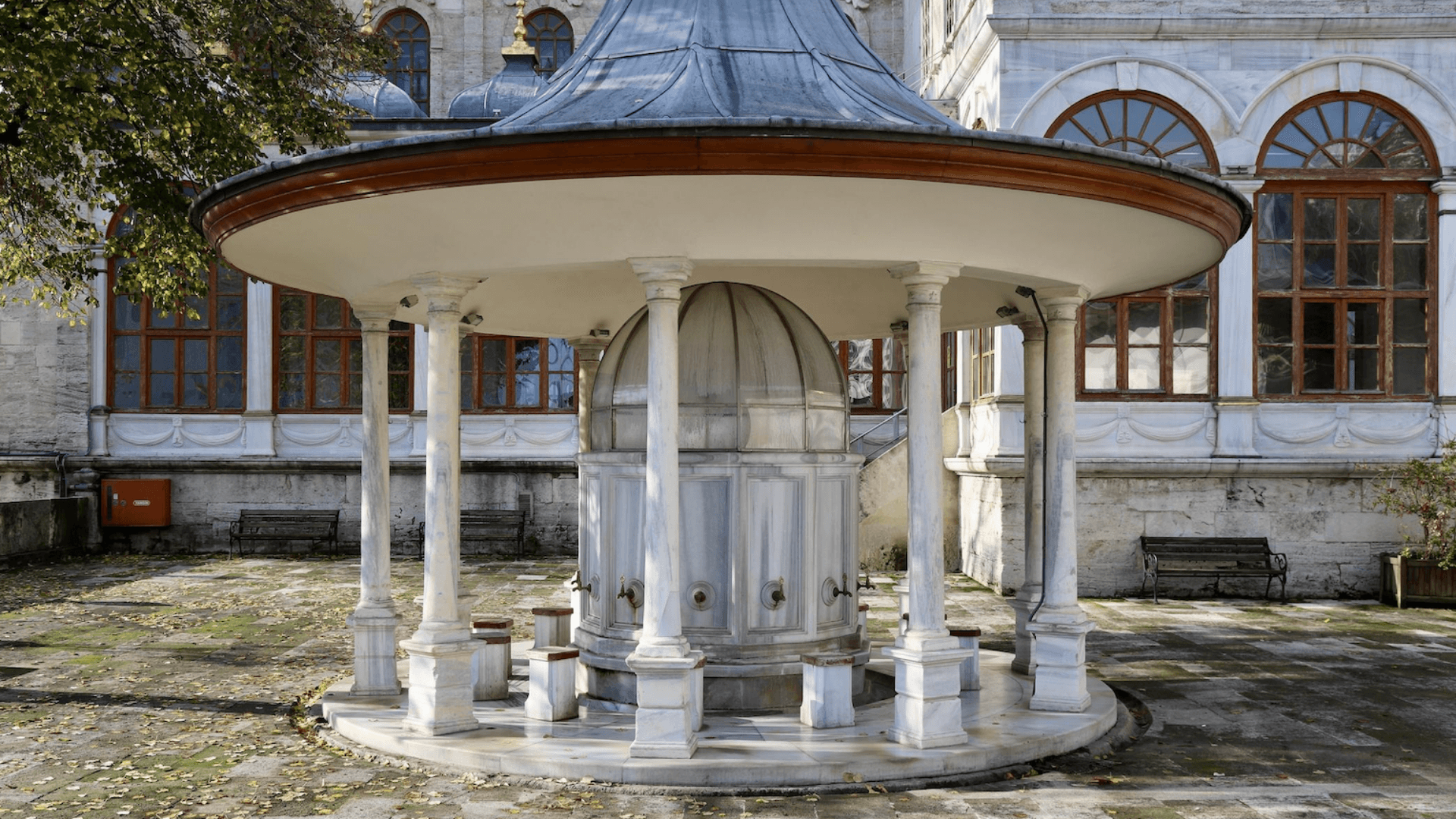 Traditional Ottoman marble fountain at Topkapi Palace courtyard, Istanbul historic palace garden
