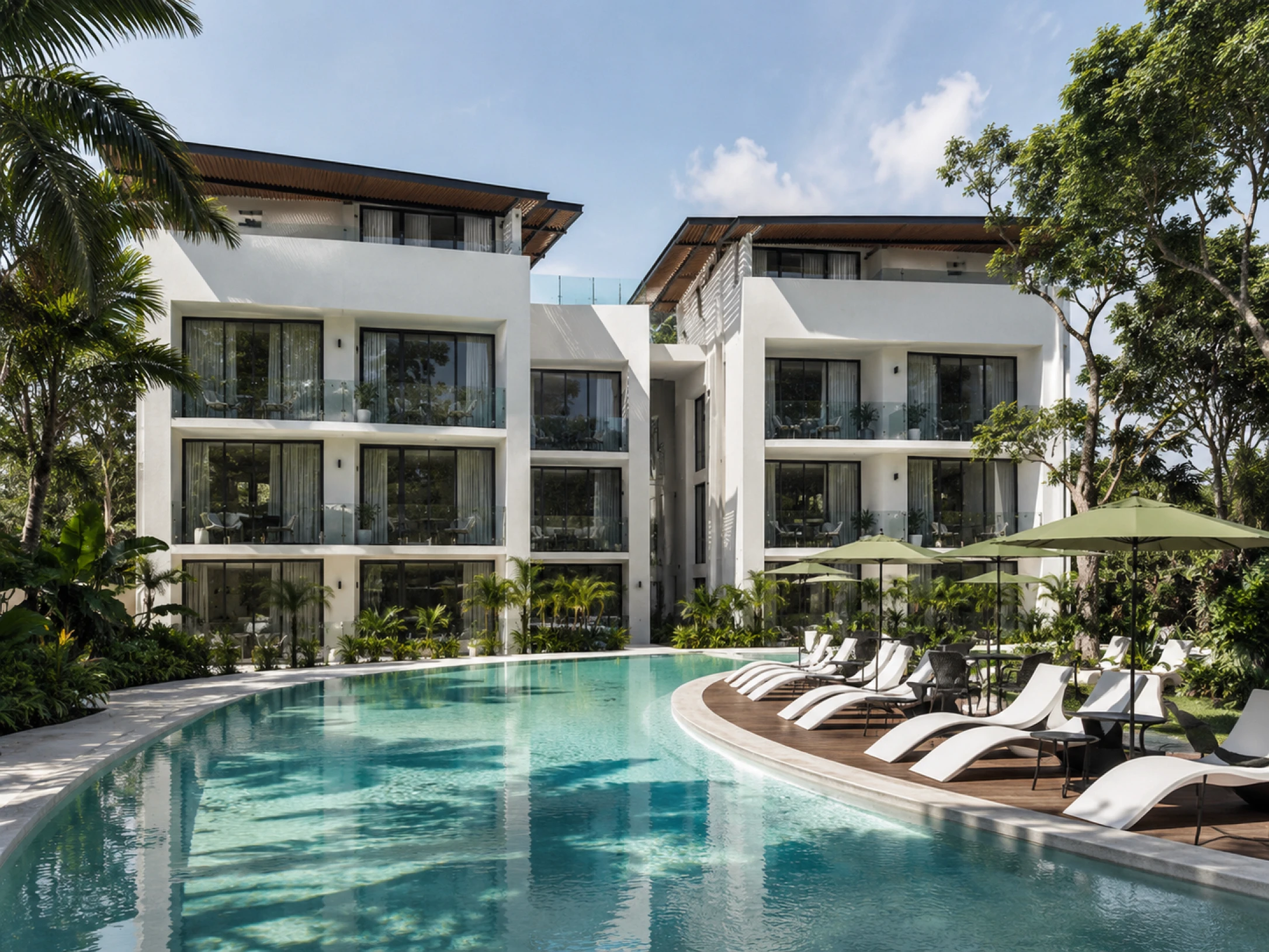 Hotel moderno cercado por vegetação tropical, com piscina, espreguiçadeiras e áreas de descanso ao ar livre.