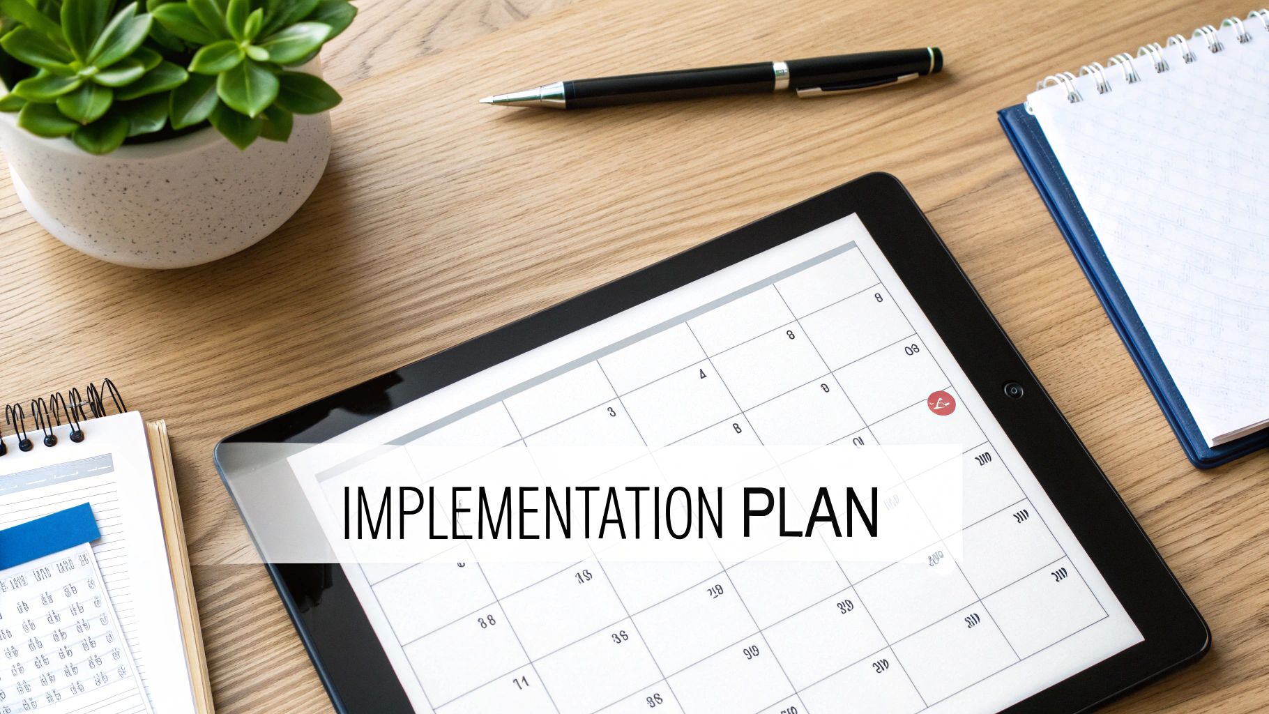 A tablet displays an 'IMPLEMENTATION PLAN' on a calendar, surrounded by office supplies on a wooden desk.