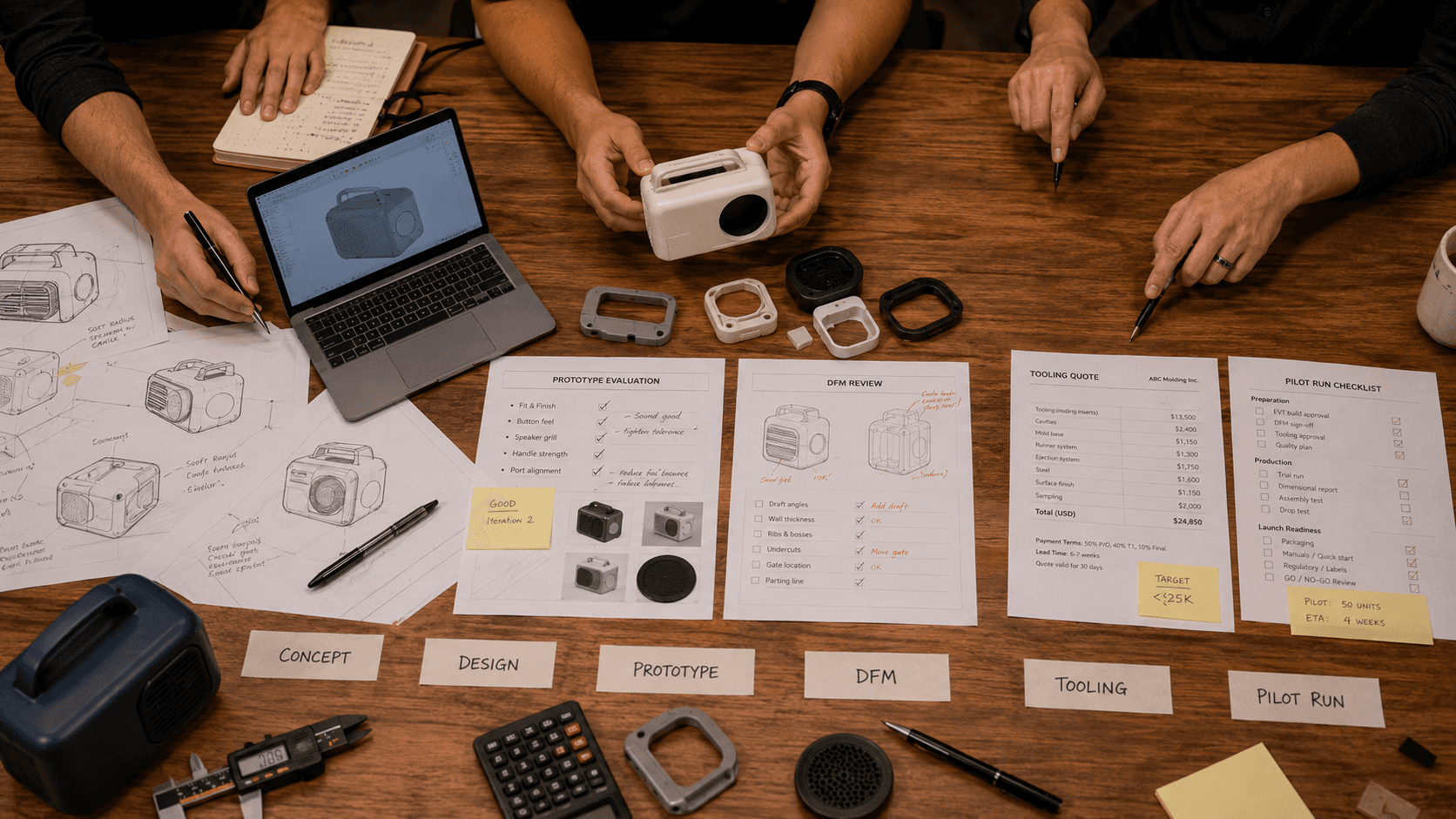 A hardware product planning table showing sketches, CAD files, prototype parts, cost sheets, and documents across concept, design, engineering, prototyping, DFM, tooling, and pilot production.