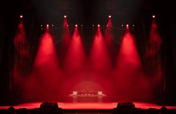 A set on stage before the drama begins.