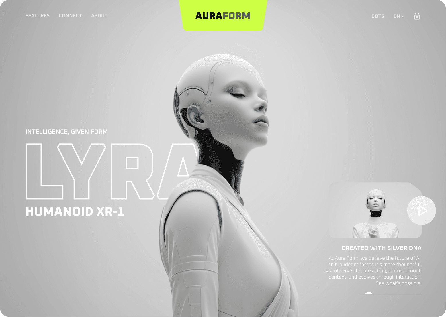 Hero section of website for a humanoid company showcasing Lyra, a humanoid concept. Website mockup by NeatlyReckless creative studio
