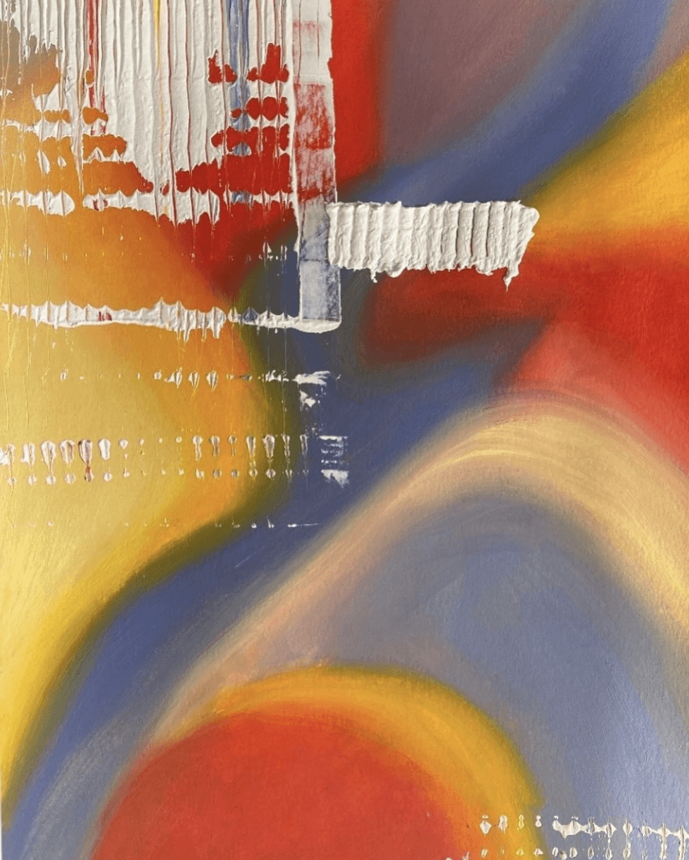 Abstract painting with swirling orange and blue colors and white brushstrokes