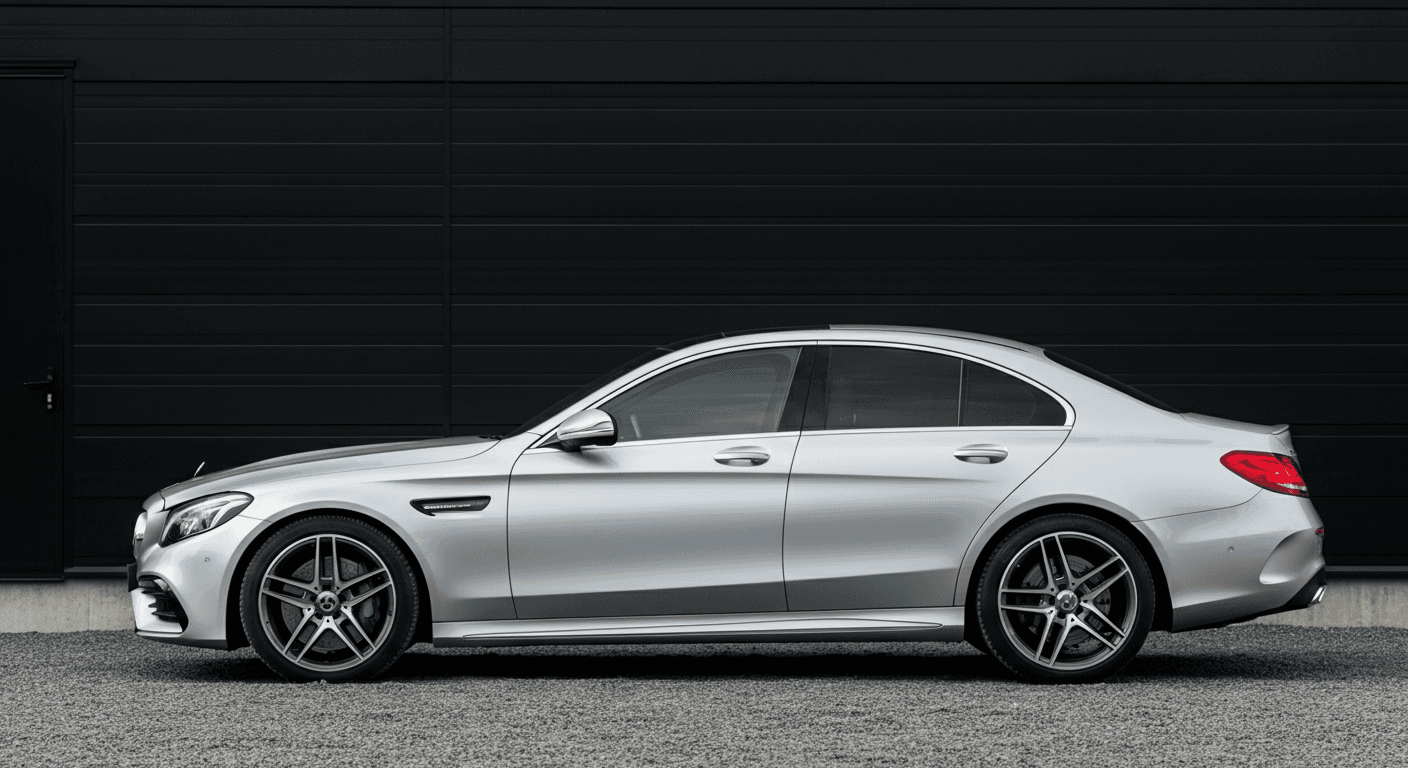 An Audi A3 parked infront of an industrial black building.
