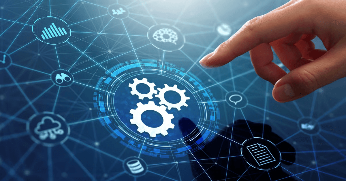 A hand interacting with a digital network, featuring gears and interconnected nodes in a futuristic design.