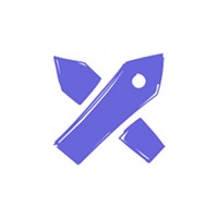 Purple abstract pencil and wrench icon on a white background.