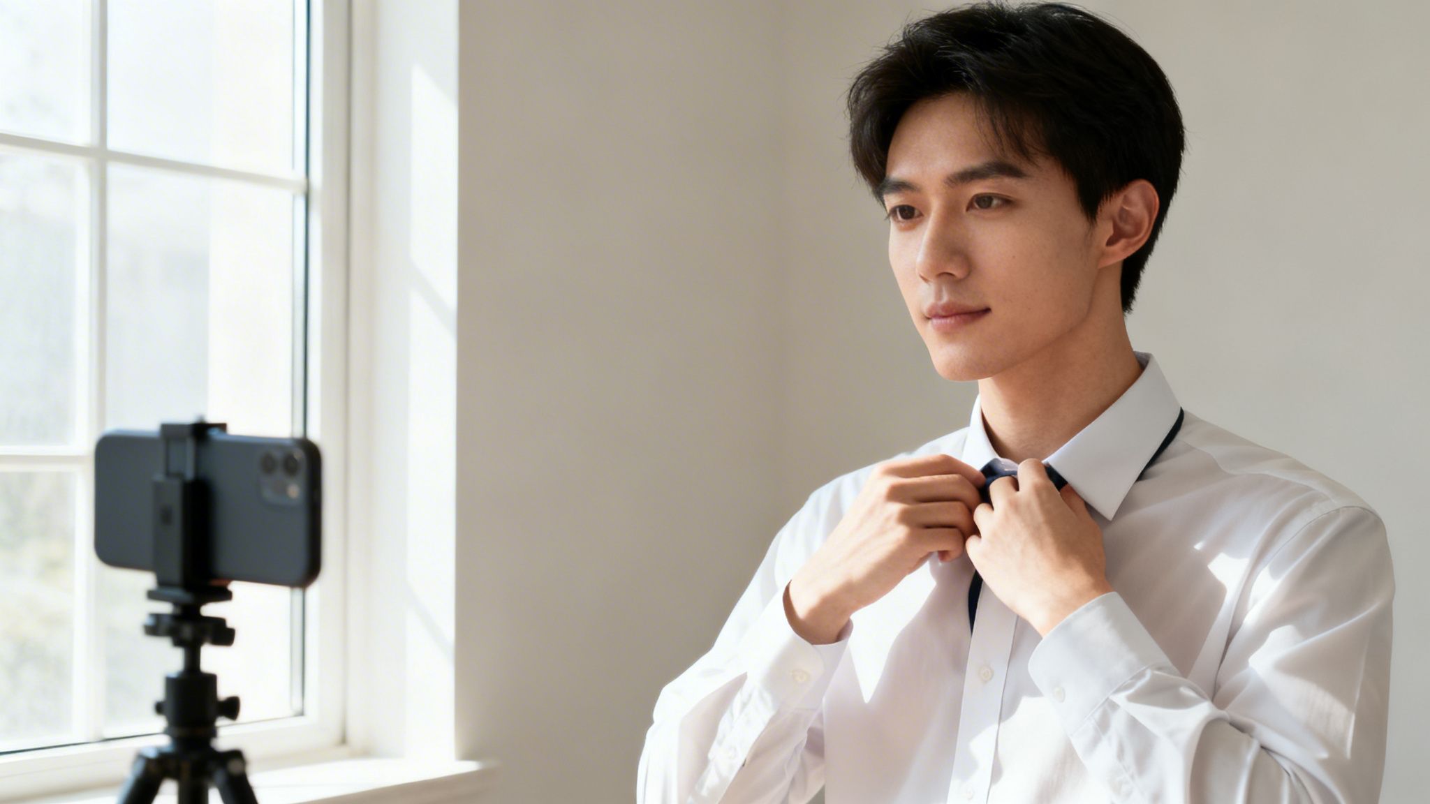 Junger Mann in weißem Hemd bindet Krawatte und filmt sich selbst vor einem Fenster.