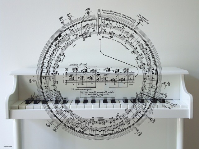 Circular musical score superimposed over the keyboard and body of a white toy piano.