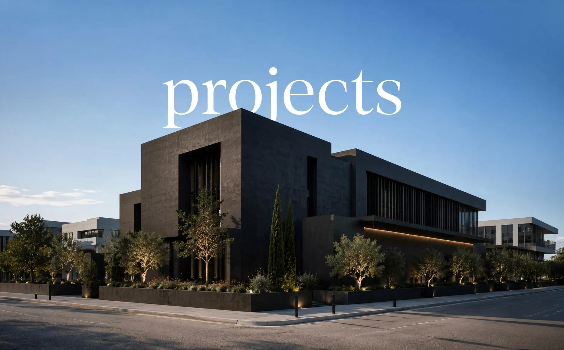 Hero image of a dark building with a “projects” text