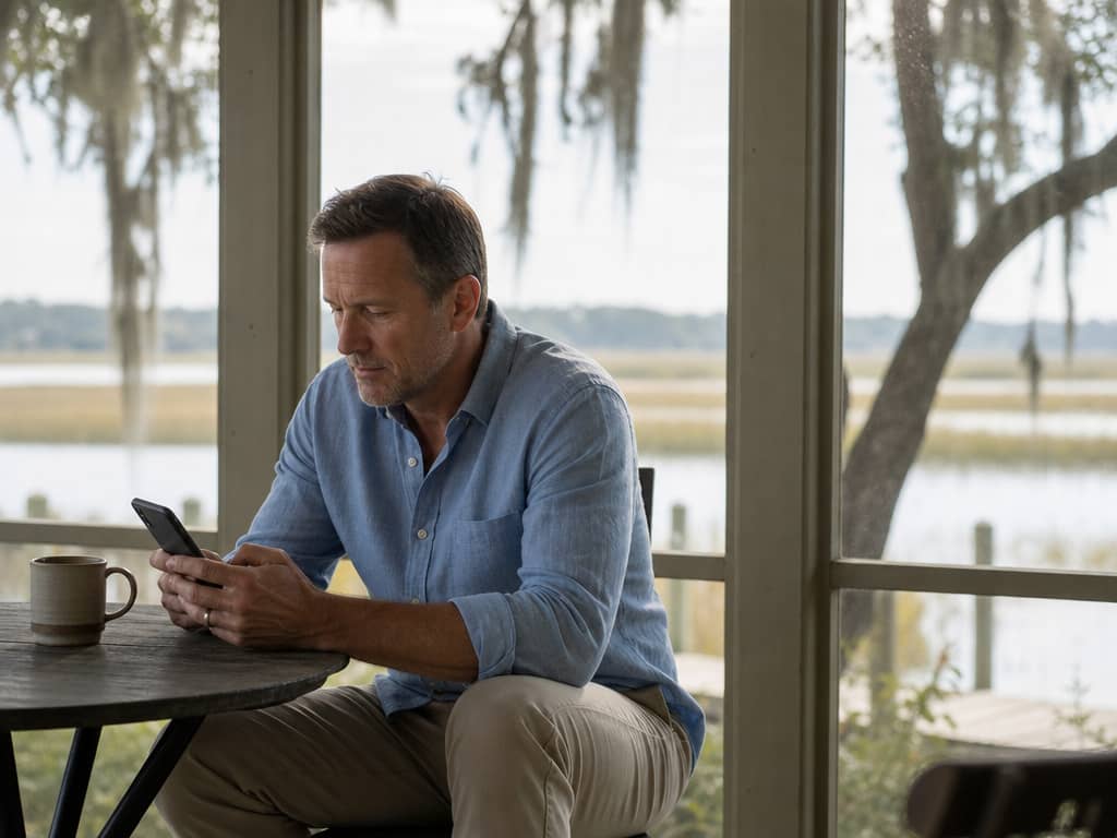 Man checking his phone on a screened porch overlooking a Lowcountry marsh — Hero Health & Hormone peptide therapy and longevity optimization in Charleston, SC