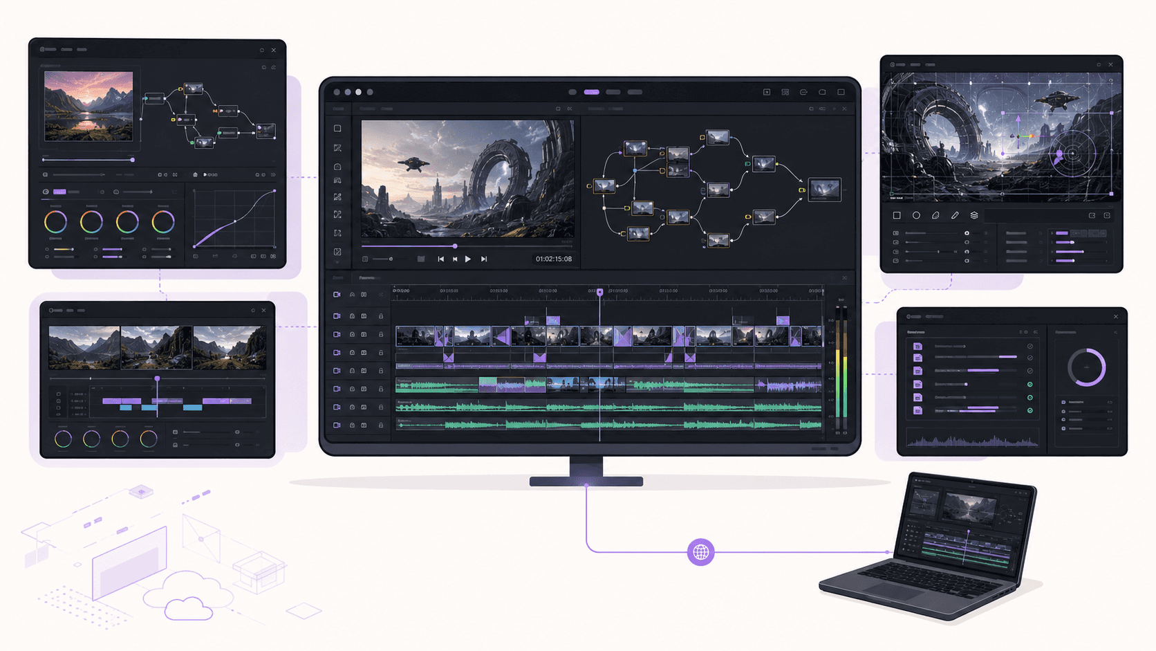 Remote DaVinci Resolve workstation handling color grading, visual effects, tracking, audio mixing, rendering, and laptop access.