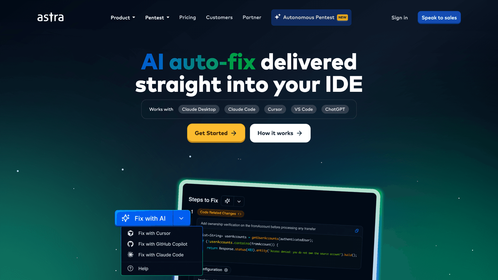 Astra MCP integration page showing AI auto-fix delivered straight into your IDE with Claude Desktop Claude Code Cursor VS Code and ChatGPT support