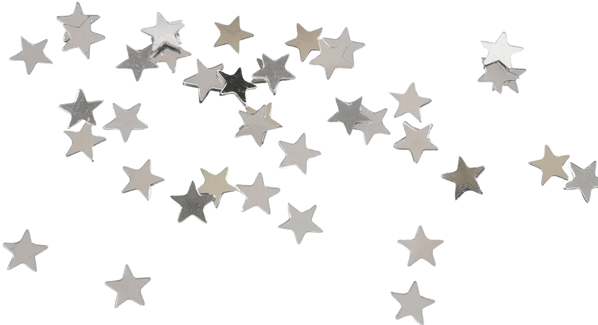 A scattered arrangement of small, reflective silver star-shaped confetti pieces on a transparent background.