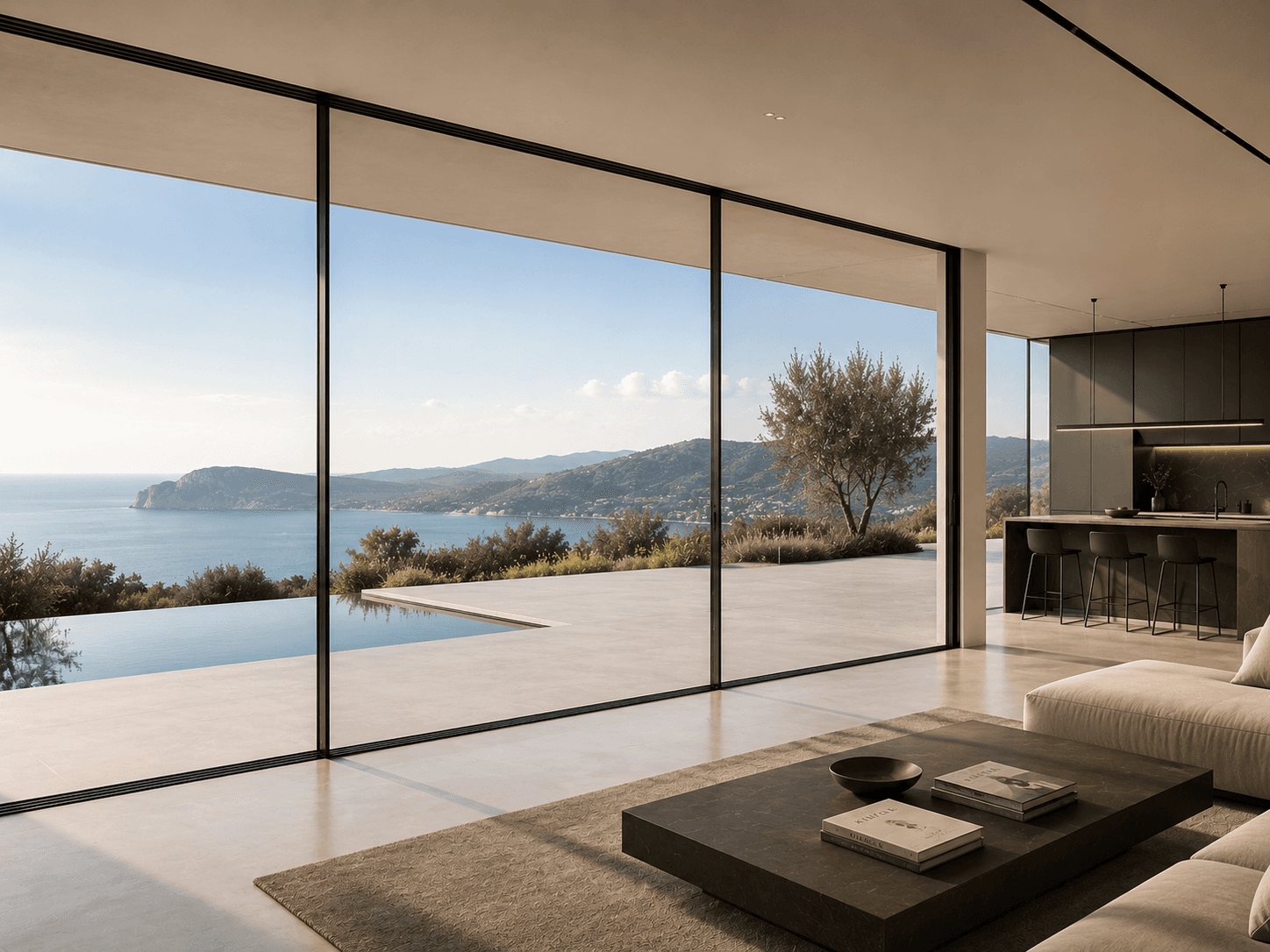 Infissi minimali in alluminio per villa contemporanea con grandi vetrate