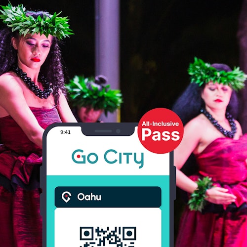 ハワイの踊り子の画像を背景にしたスマートフォンでのGo Cityオアフパス