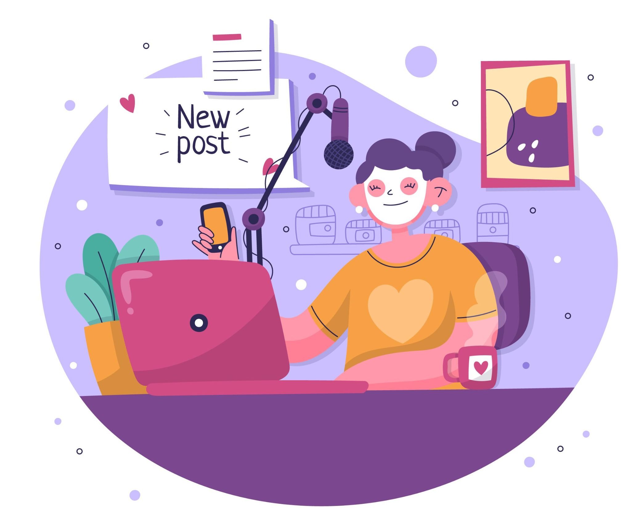 Illustration of a content creator at a desk with microphone, laptop, and phone publishing a new post