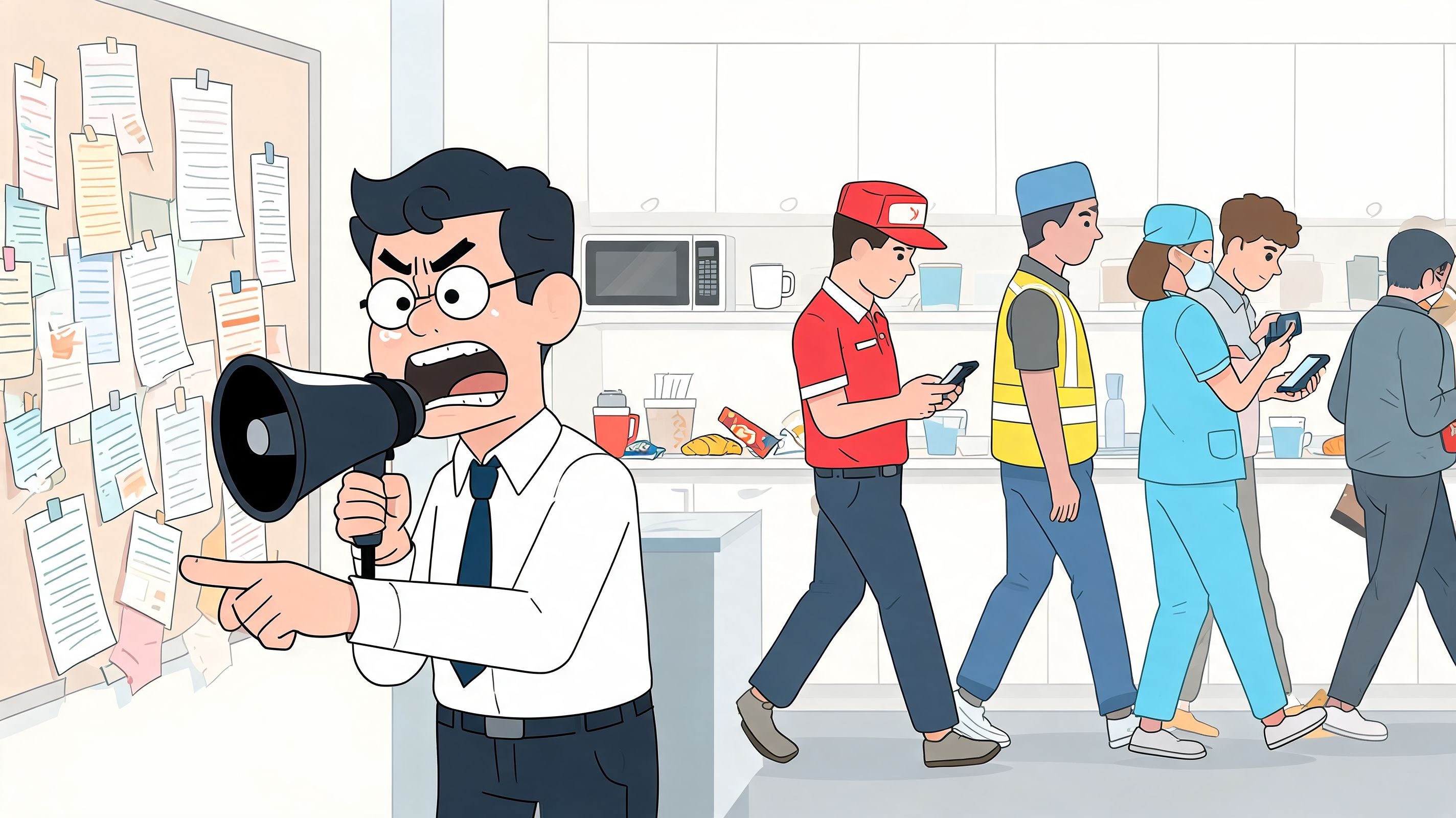 An angry manager yells through a megaphone at indifferent frontline employees distracted by their mobile phones.