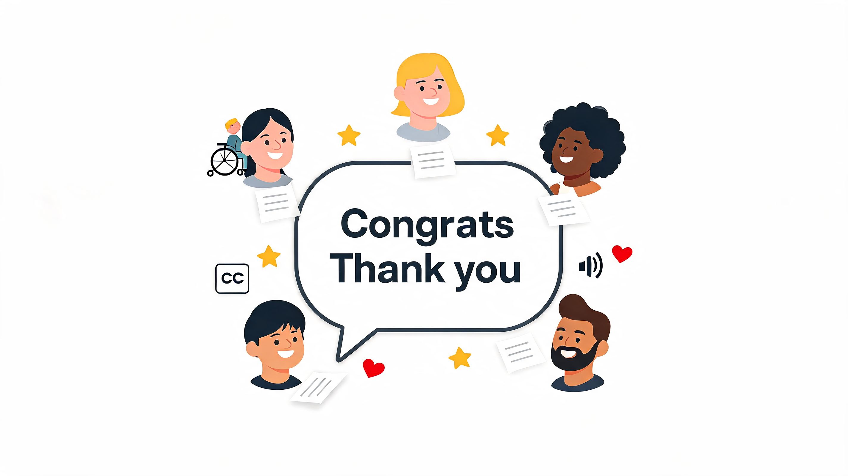 A diverse group of people celebrating together with a speech bubble that says Congrats Thank you.