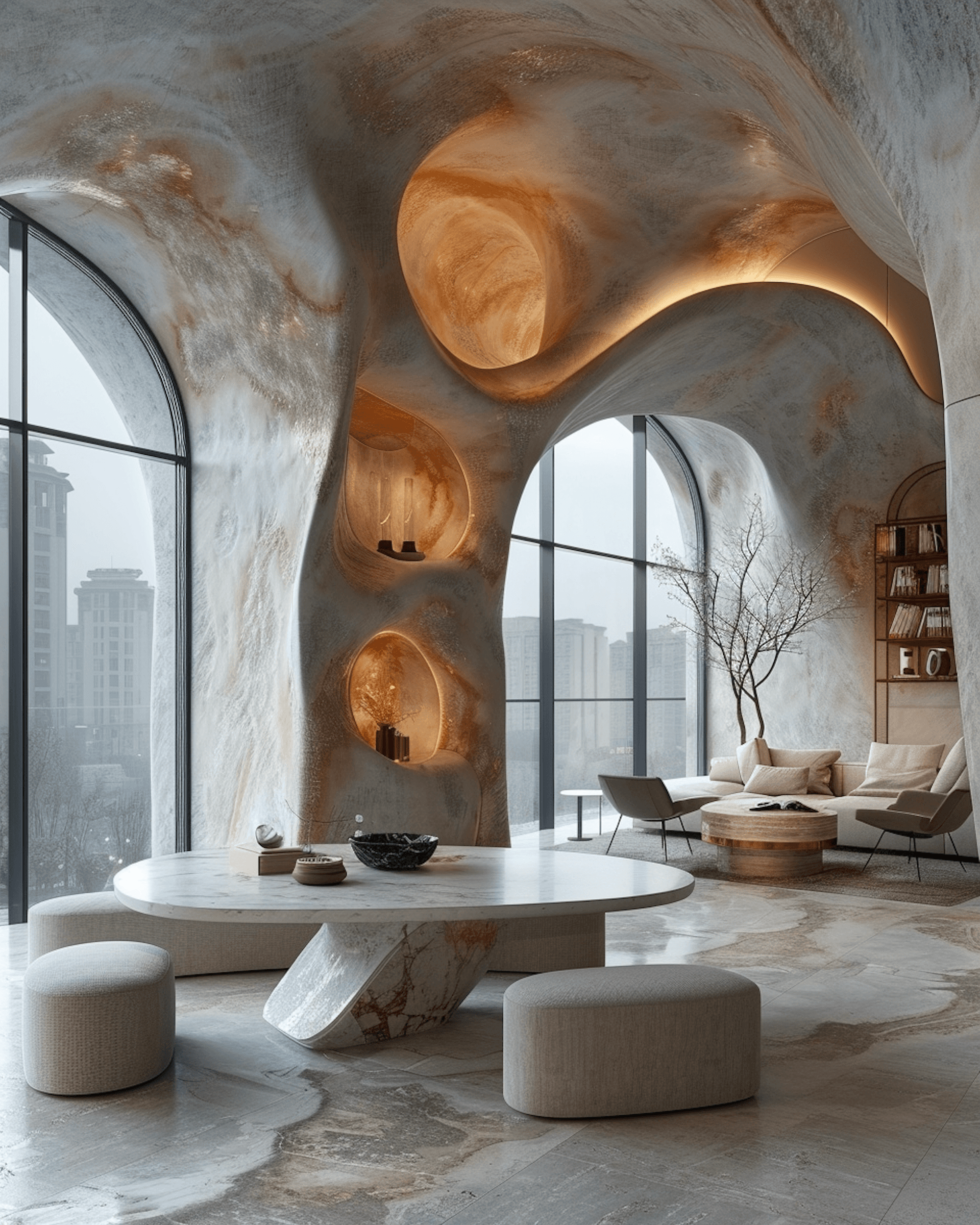 Interior lobby design with sculptural lighting and premium finishes