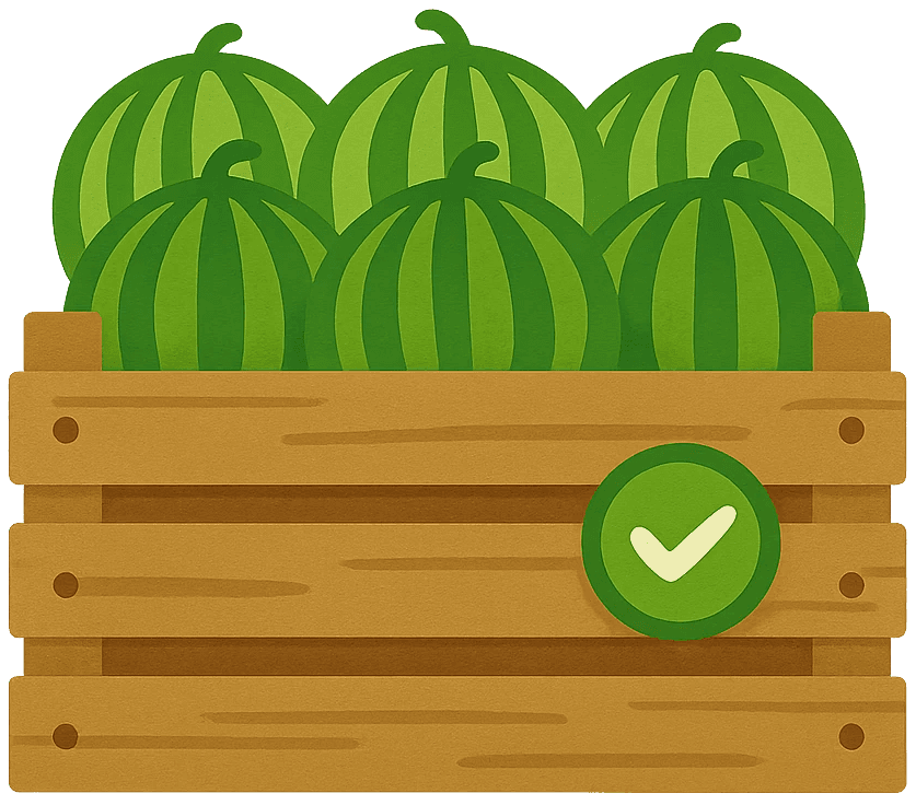 Holzkiste mit Wassermelonen und einem Qualitäts und Prüfungssiegel