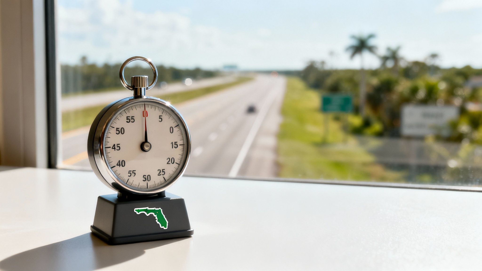 A stopwatch with a Florida state map on its base sits on a desk overlooking a highway.