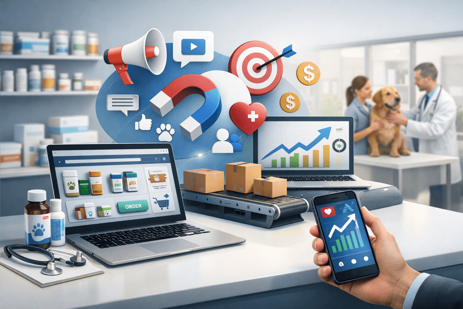 Distribuidora veterinária usando marketing digital para atacado: notebook e smartphone com painel de métricas e crescimento, pedidos automatizados e ambiente de clínica veterinária ao fundo com profissional atendendo um cão.