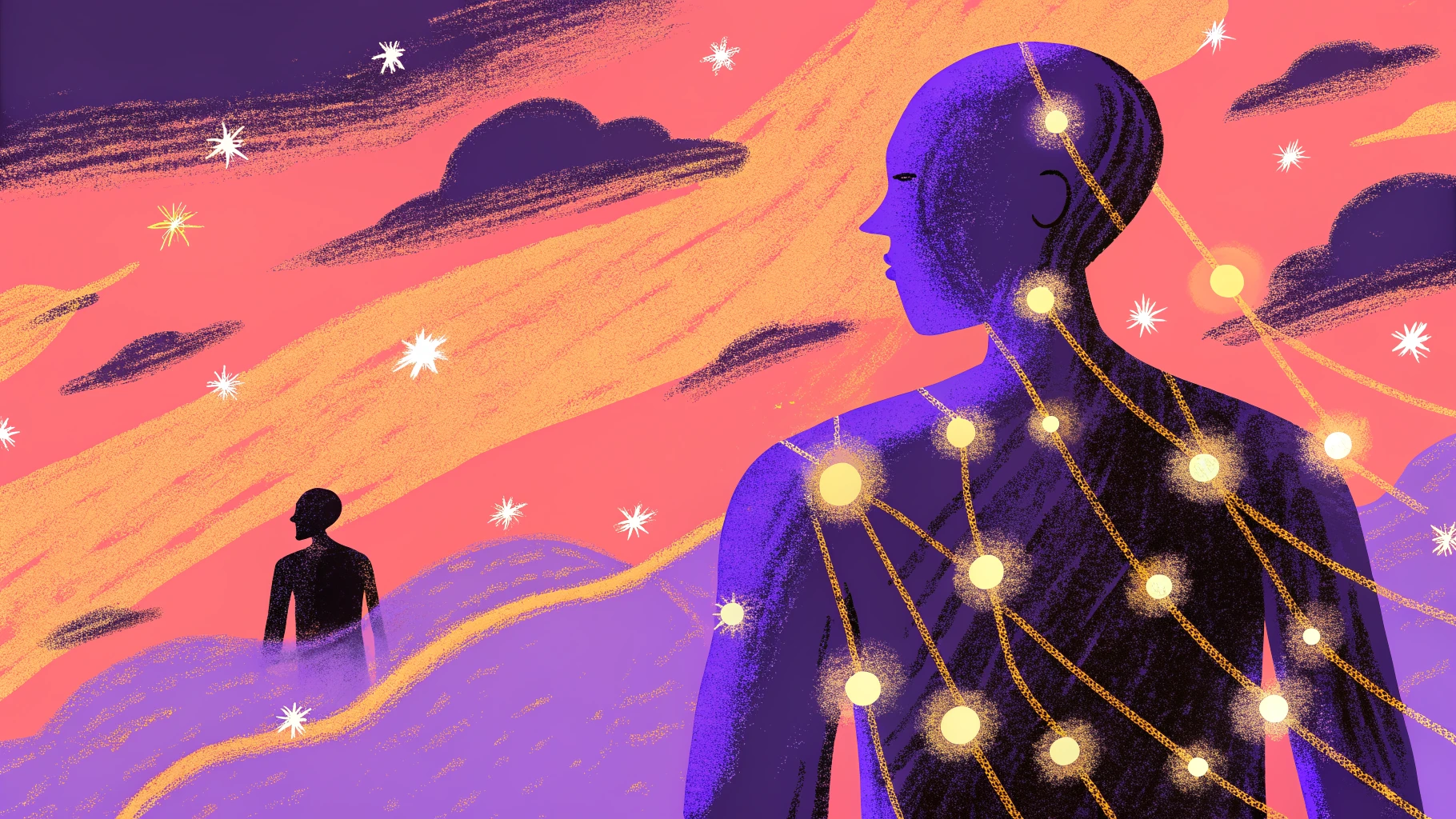 Glowing human silhouette with luminous nerve pathways flowing outward from chest – Movement Wisdom