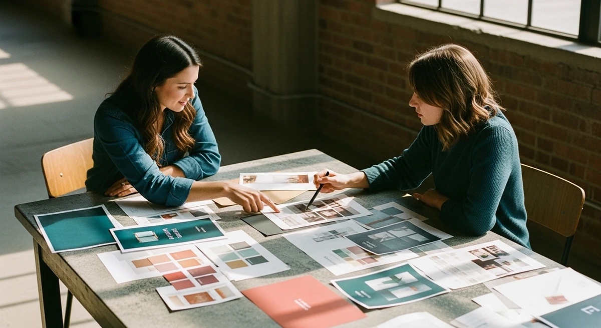 Three creative professionals reviewing photo prints and colour swatches spread across white table during brand mood board meeting in minimalist studio workspace