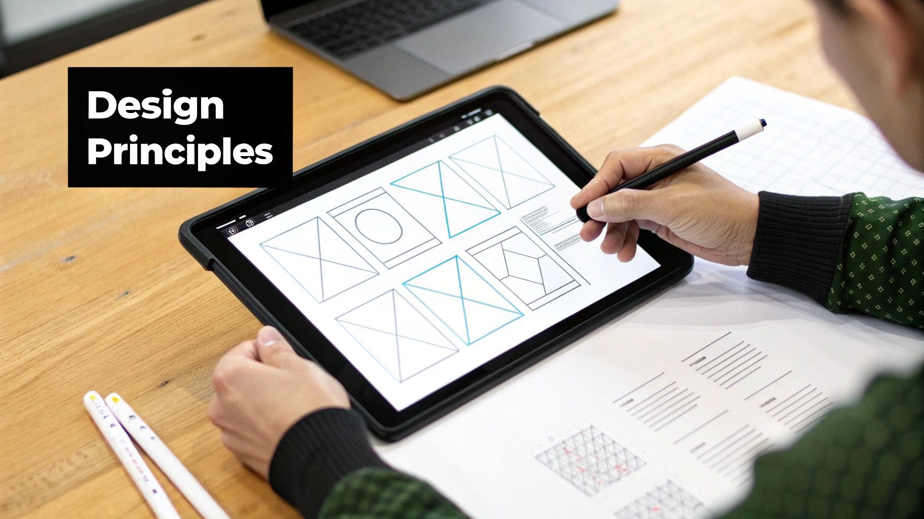 A designer's hands sketching user interface wireframes on a tablet with a stylus.