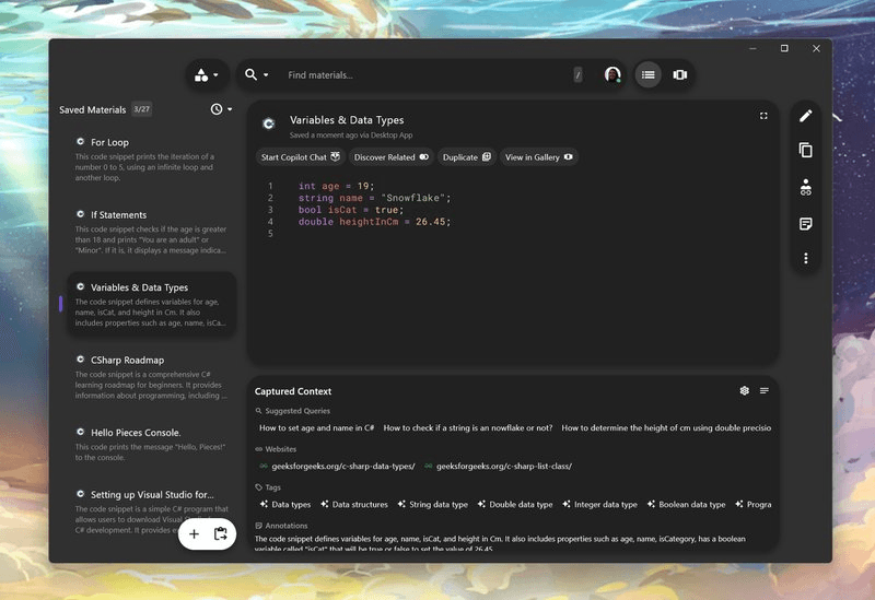 List View of Pieces for Developers desktop app.